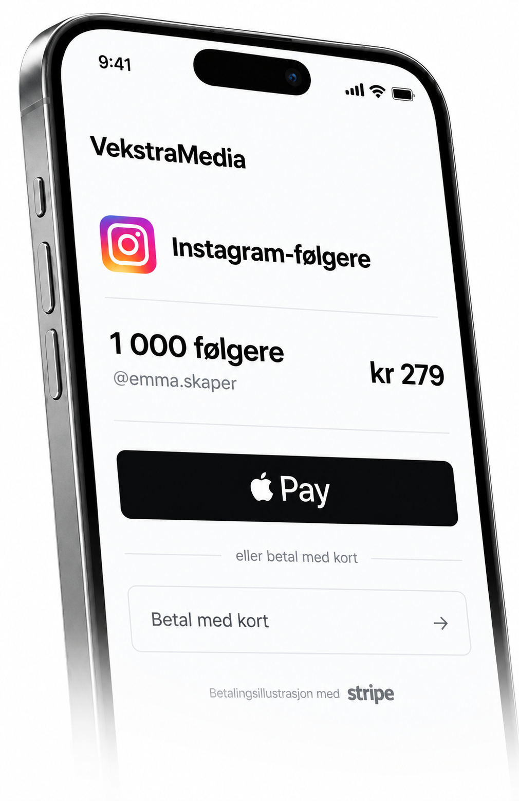 Illustrasjon av en iPhone med 1 000 Instagram-følgere til kr 279 og Apple Pay som betalingsvalg.
